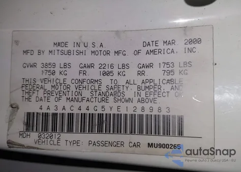 2000 Mitsubishi Eclipse Gs z USA, uszkodzony, nr VIN 4A3AC44G5YE128983